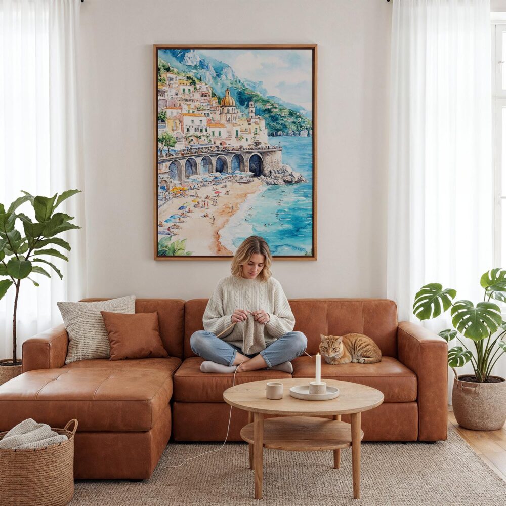 02 - Framed Atrani Italy Watercolor Canvas Print - Woman Knitting - Vertical.jpg 02 - Framed Atrani Italy Watercolor Canvas Print - Woman Knitting - Vertical.jpg