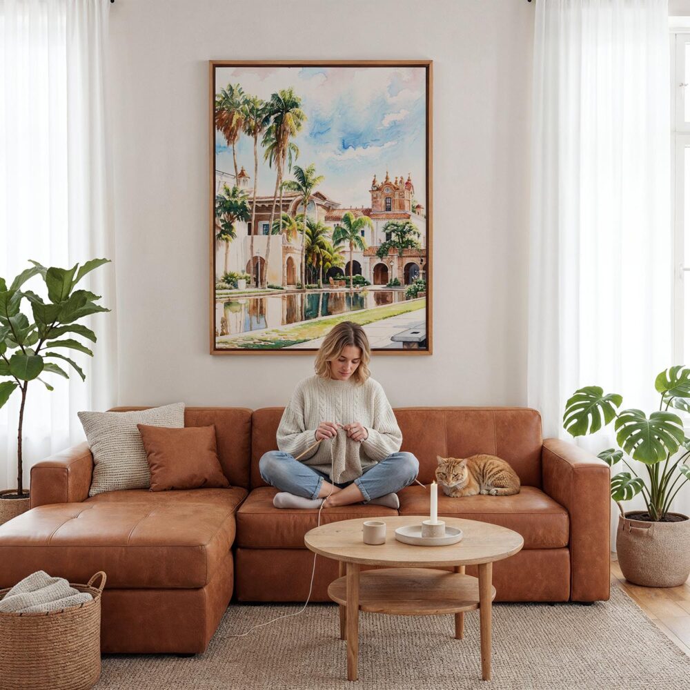 02 - Framed Balboa Park Watercolor Canvas Print - Woman Knitting - Vertical.jpg 02 - Framed Balboa Park Watercolor Canvas Print - Woman Knitting - Vertical.jpg