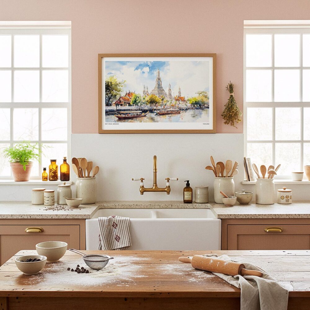 02 - Framed Bangkok Wat Arun Temple of Dawn Watercolor - Horizontal Art Print in Farmhouse style Kitchen.jpg 02 - Framed Bangkok Wat Arun Temple of Dawn Watercolor - Horizontal Art Print in Farmhouse style Kitchen.jpg