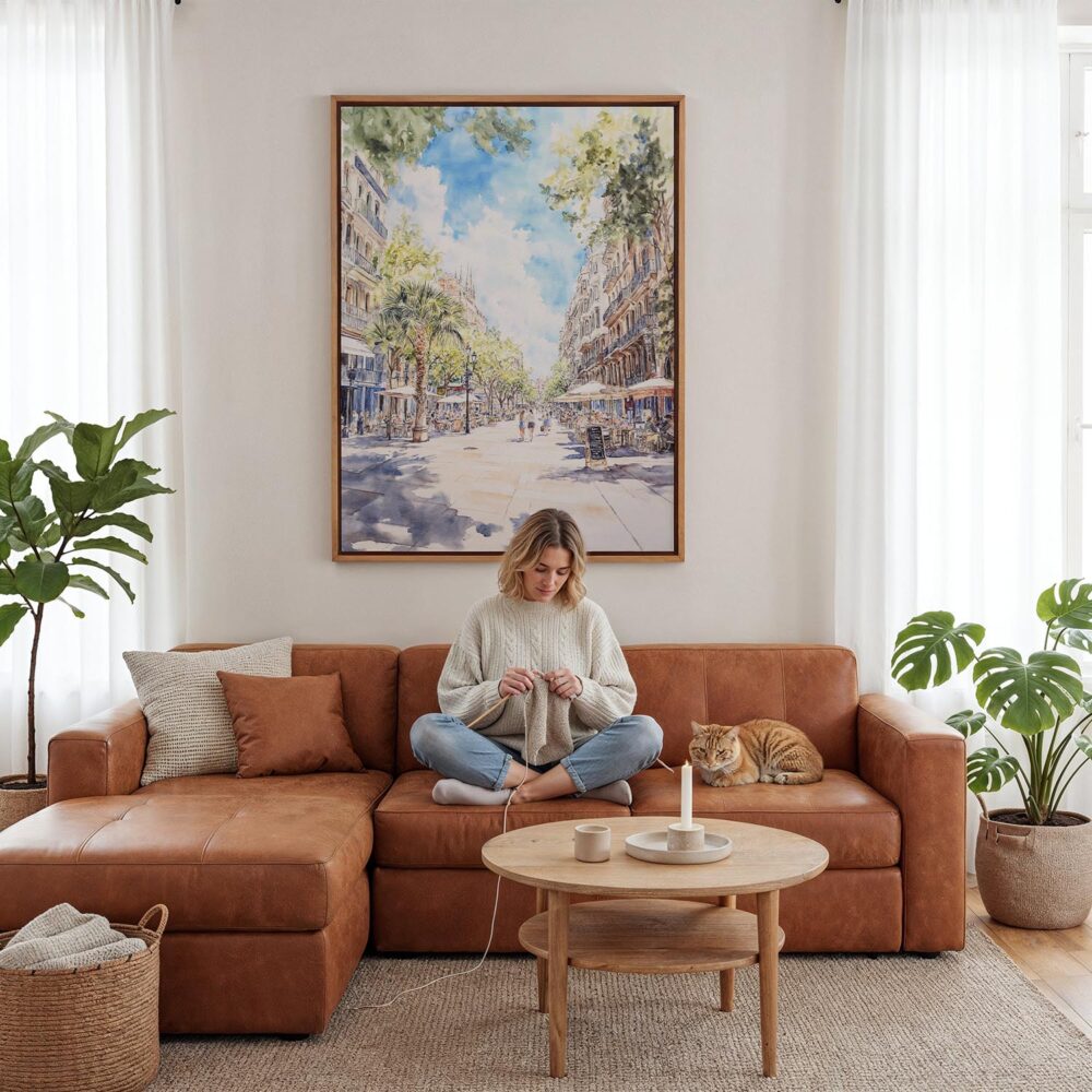 02 - Framed Barcelona Las Ramblas Watercolor Canvas Print - Woman Knitting - Vertical.jpg 02 - Framed Barcelona Las Ramblas Watercolor Canvas Print - Woman Knitting - Vertical.jpg