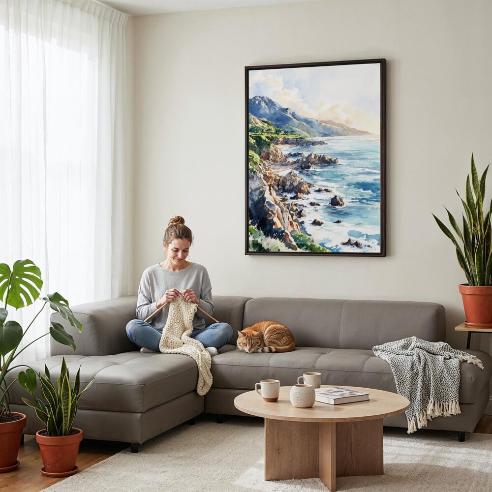 02 - Framed Big Sur California Watercolor Canvas Print - Woman Knitting on grey couch - Vertical.jpg 02 - Framed Big Sur California Watercolor Canvas Print - Woman Knitting on grey couch - Vertical.jpg