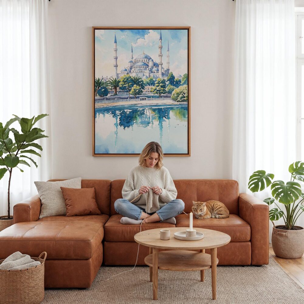 02 - Framed Blue Mosque Watercolor Canvas Print - Woman Knitting - Vertical.jpg 02 - Framed Blue Mosque Watercolor Canvas Print - Woman Knitting - Vertical.jpg