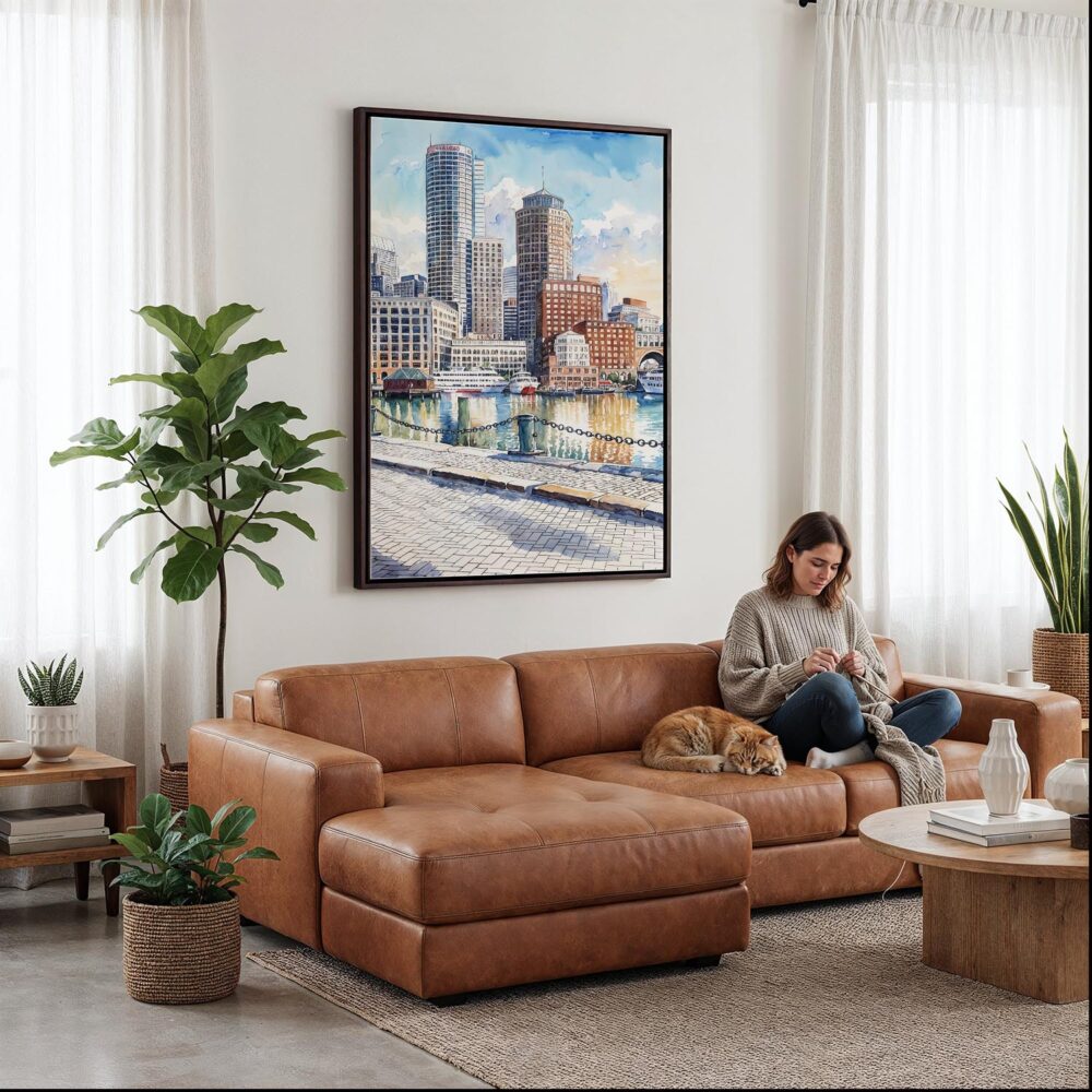02 - Framed Boston Harbor Watercolor Canvas Print - Woman Knitting on leather couch - Vertical.jpg 02 - Framed Boston Harbor Watercolor Canvas Print - Woman Knitting on leather couch - Vertical.jpg