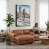 02 - Framed Boston Harbor Watercolor Canvas Print - Woman Knitting on leather couch - Vertical.jpg