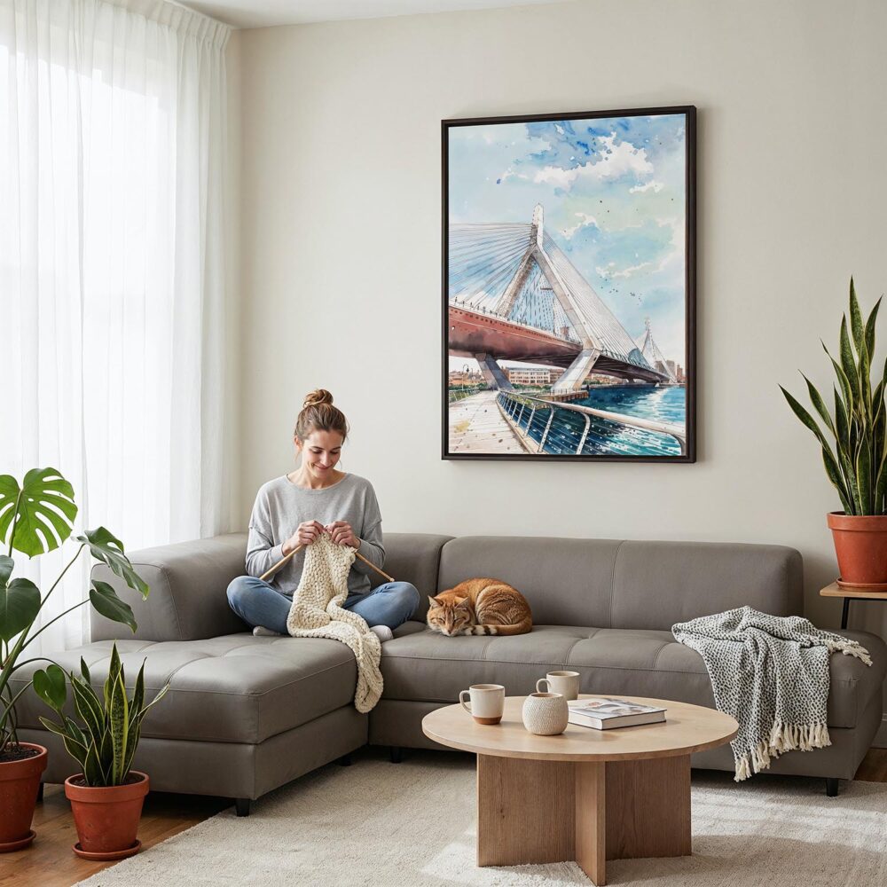 02 - Framed Boston Zakim Bridge Watercolor Canvas Print - Woman Knitting on grey couch - Vertical.jpg 02 - Framed Boston Zakim Bridge Watercolor Canvas Print - Woman Knitting on grey couch - Vertical.jpg