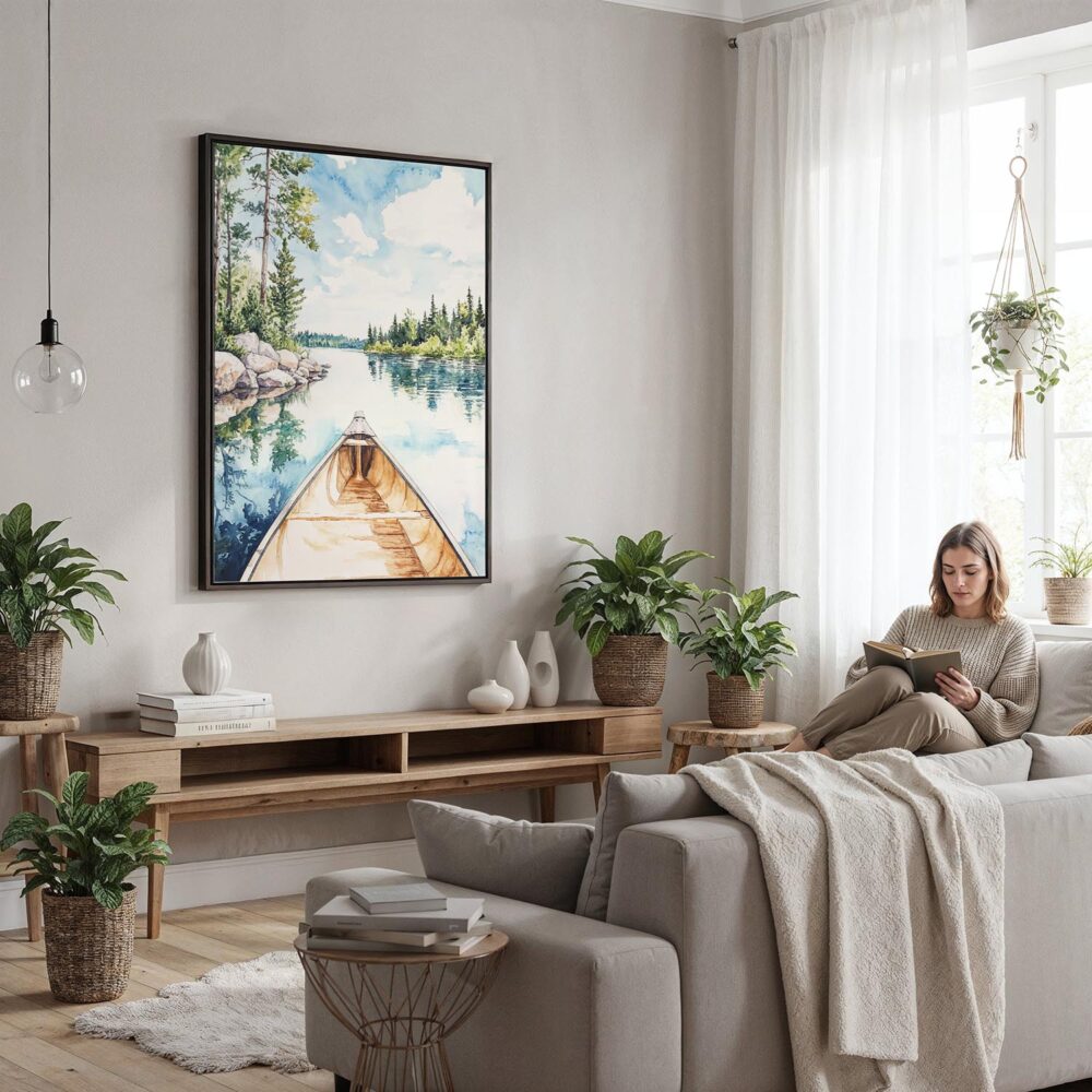 02 - Framed Boundary Waters Minnesota Watercolor Canvas Print - Woman reading in modern Living Room - Vertical.jpg 02 - Framed Boundary Waters Minnesota Watercolor Canvas Print - Woman reading in modern Living Room - Vertical.jpg