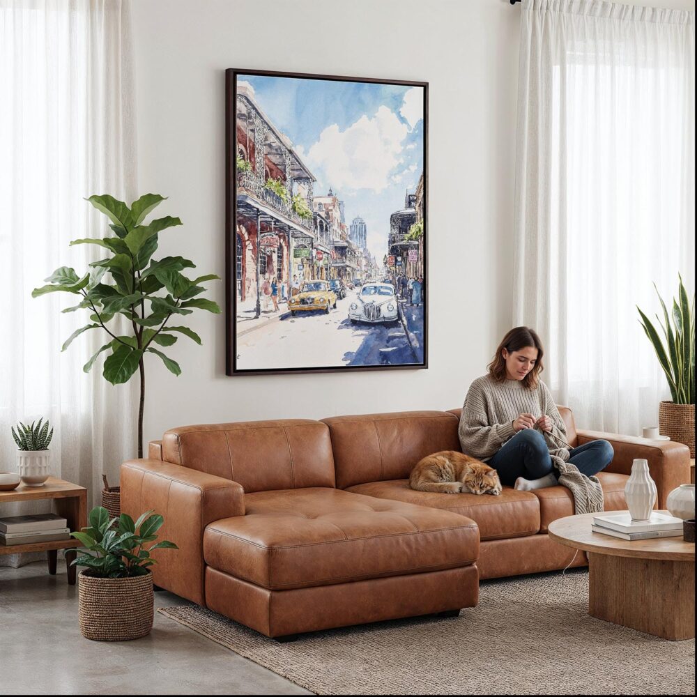 02 - Framed Bourbon Street New Orleans Watercolor Canvas Print - Woman Knitting on leather couch - Vertical.jpg 02 - Framed Bourbon Street New Orleans Watercolor Canvas Print - Woman Knitting on leather couch - Vertical.jpg