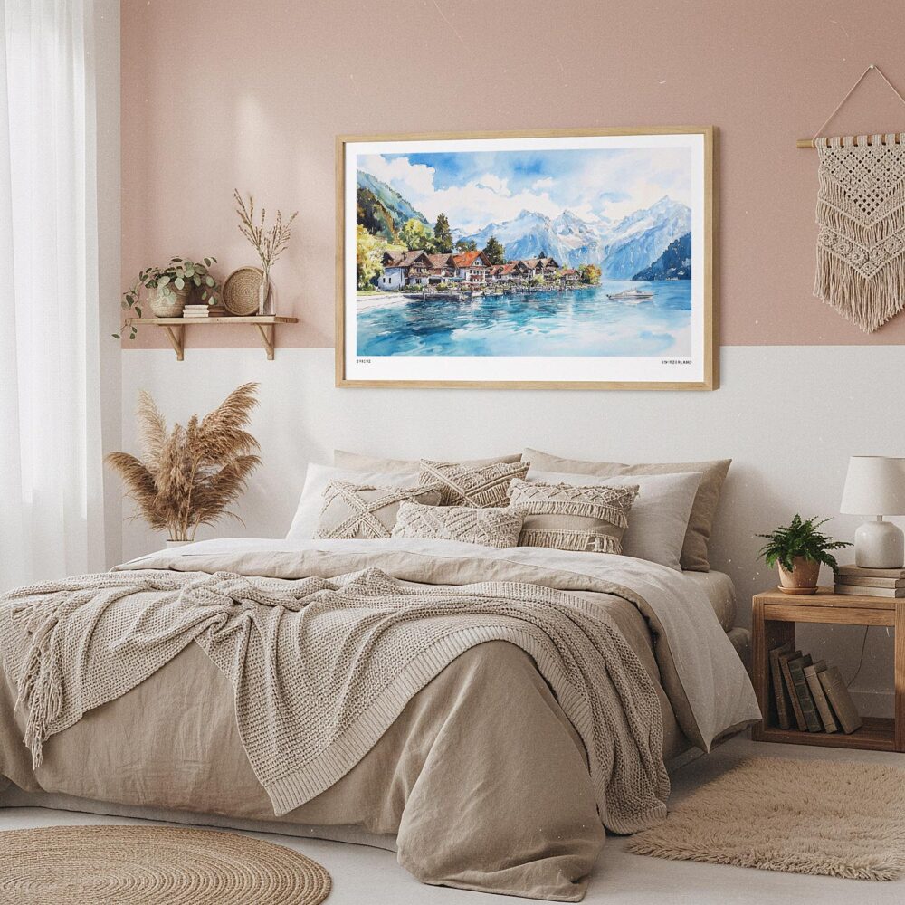 02 - Framed Brienz Watercolor - Horizontal Art Print in Boho Bedroom.jpg 02 - Framed Brienz Watercolor - Horizontal Art Print in Boho Bedroom.jpg
