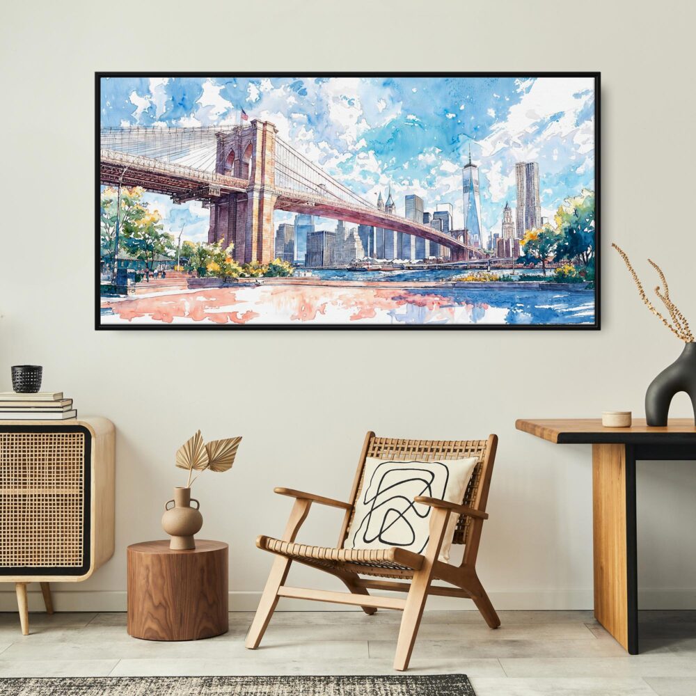 02 - Framed Brooklyn Bridge Watercolor Panorama Canvas Print - Boho Chair.jpg 02 - Framed Brooklyn Bridge Watercolor Panorama Canvas Print - Boho Chair.jpg