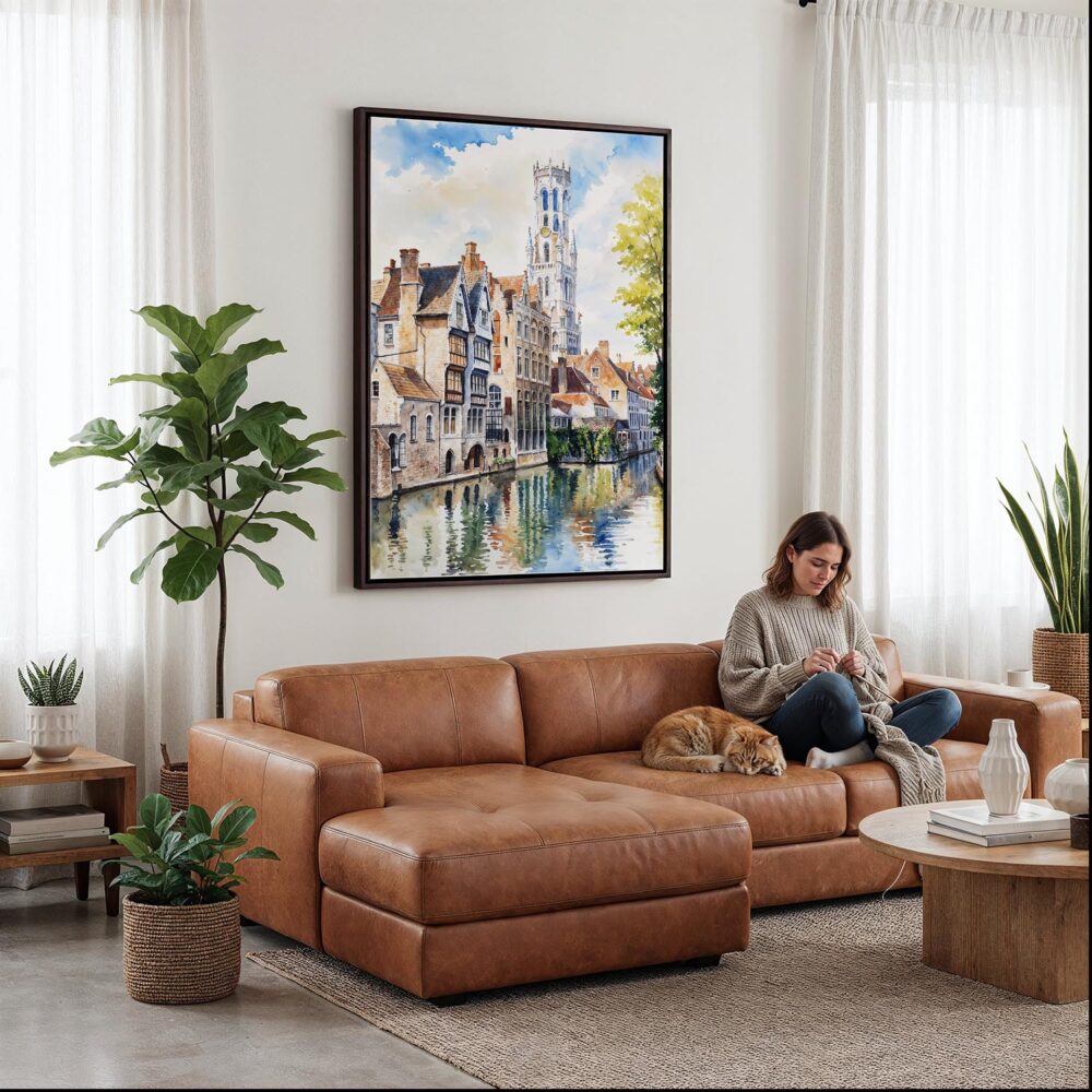 02 - Framed Bruges Belgium Watercolor Canvas Print - Woman Knitting on leather couch - Vertical.jpg 02 - Framed Bruges Belgium Watercolor Canvas Print - Woman Knitting on leather couch - Vertical.jpg