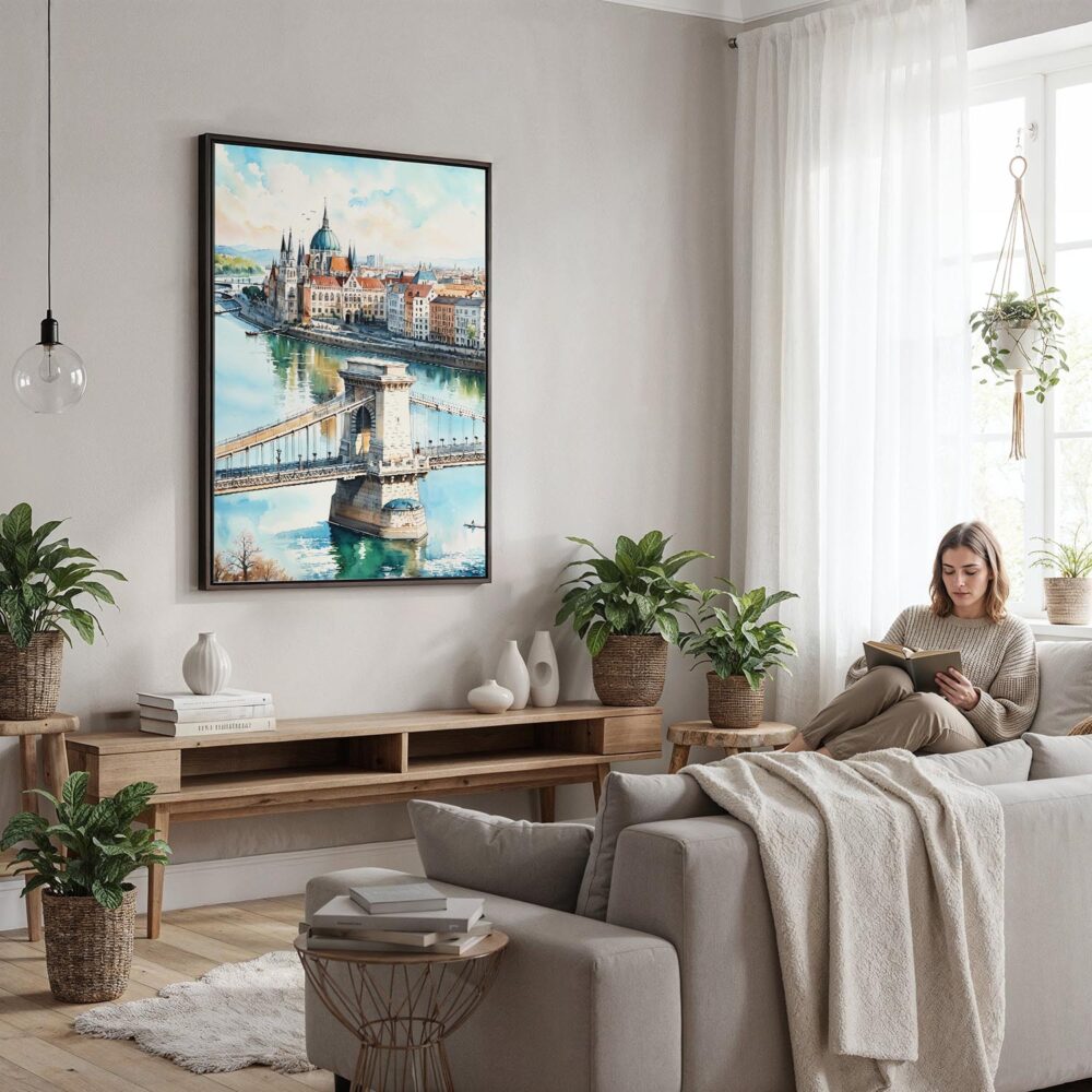 02 - Framed Budapest Hungary Watercolor Canvas Print - Woman reading in modern Living Room - Vertical.jpg 02 - Framed Budapest Hungary Watercolor Canvas Print - Woman reading in modern Living Room - Vertical.jpg