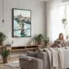 02 - Framed Budapest Hungary Watercolor Canvas Print - Woman reading in modern Living Room - Vertical.jpg