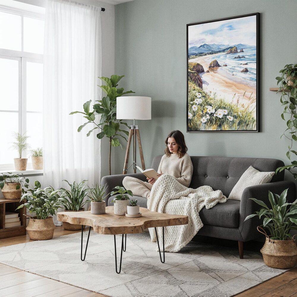 02 - Framed Cannon Beach Oregon Watercolor Canvas Print - Woman reading in Boho Living Room - Vertical.jpg 02 - Framed Cannon Beach Oregon Watercolor Canvas Print - Woman reading in Boho Living Room - Vertical.jpg
