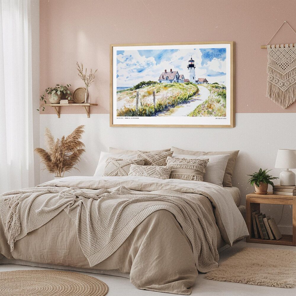 02 - Framed Cape Cod Nobska Lighthouse Watercolor - Horizontal Art Print in Boho Bedroom.jpg 02 - Framed Cape Cod Nobska Lighthouse Watercolor - Horizontal Art Print in Boho Bedroom.jpg