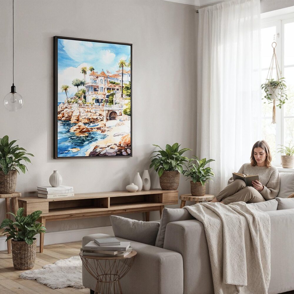 02 - Framed Cascais Portugal Watercolor Canvas Print - Woman reading in modern Living Room - Vertical.jpg 02 - Framed Cascais Portugal Watercolor Canvas Print - Woman reading in modern Living Room - Vertical.jpg