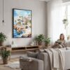02 - Framed Cascais Portugal Watercolor Canvas Print - Woman reading in modern Living Room - Vertical.jpg