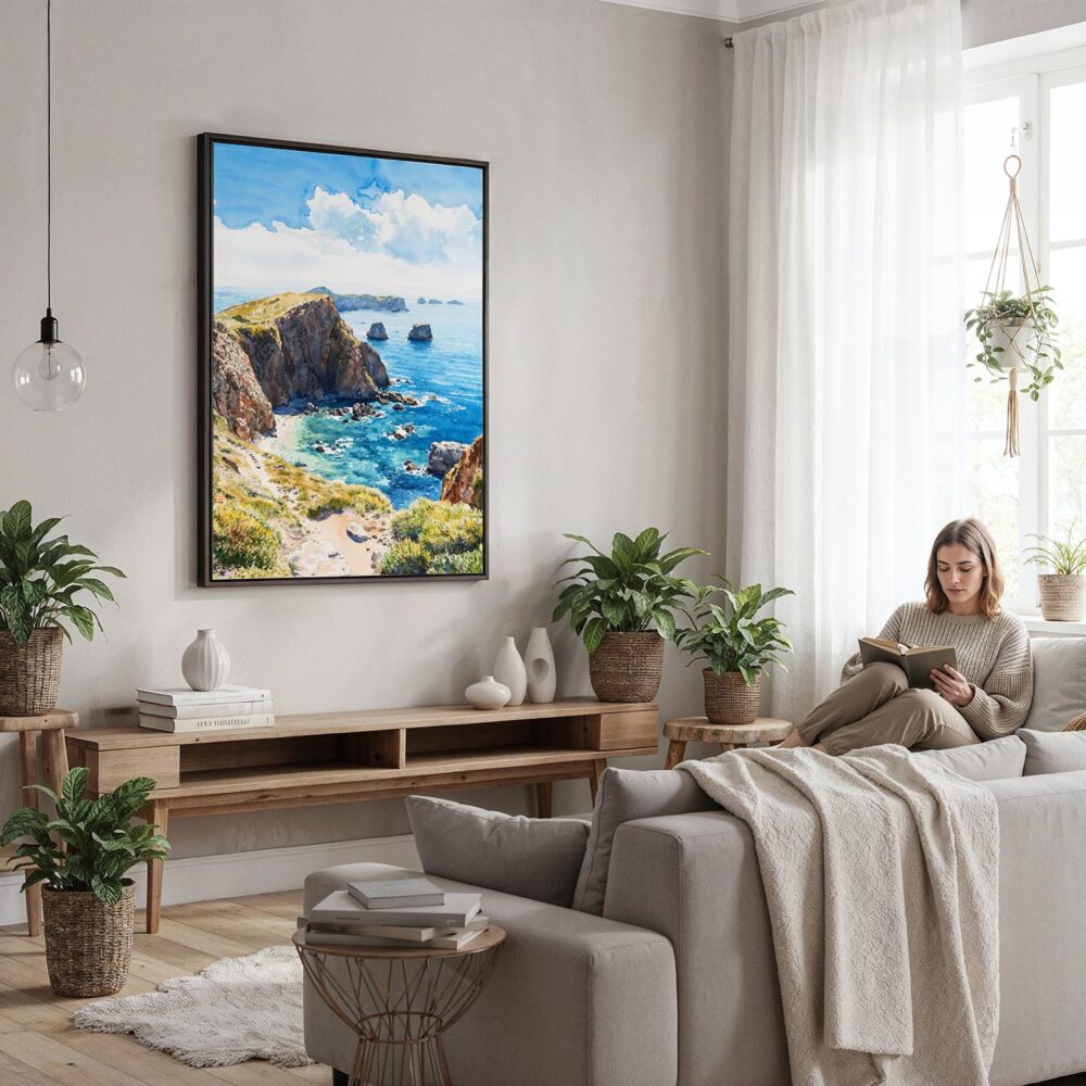 02 - Framed Channel Islands National Park Watercolor Canvas Print - Woman reading in modern Living Room - Vertical.jpg 02 - Framed Channel Islands National Park Watercolor Canvas Print - Woman reading in modern Living Room - Vertical.jpg
