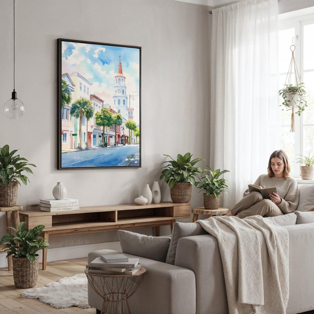 02 - Framed Charleston SC Watercolor Canvas Print - Woman reading in modern Living Room - Vertical.jpg 02 - Framed Charleston SC Watercolor Canvas Print - Woman reading in modern Living Room - Vertical.jpg