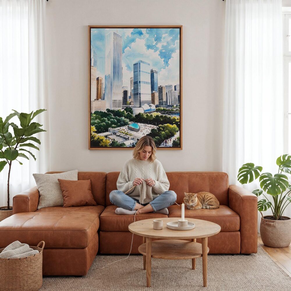 02 - Framed Chicago Millenium Park Watercolor Canvas Print - Woman Knitting - Vertical.jpg 02 - Framed Chicago Millenium Park Watercolor Canvas Print - Woman Knitting - Vertical.jpg