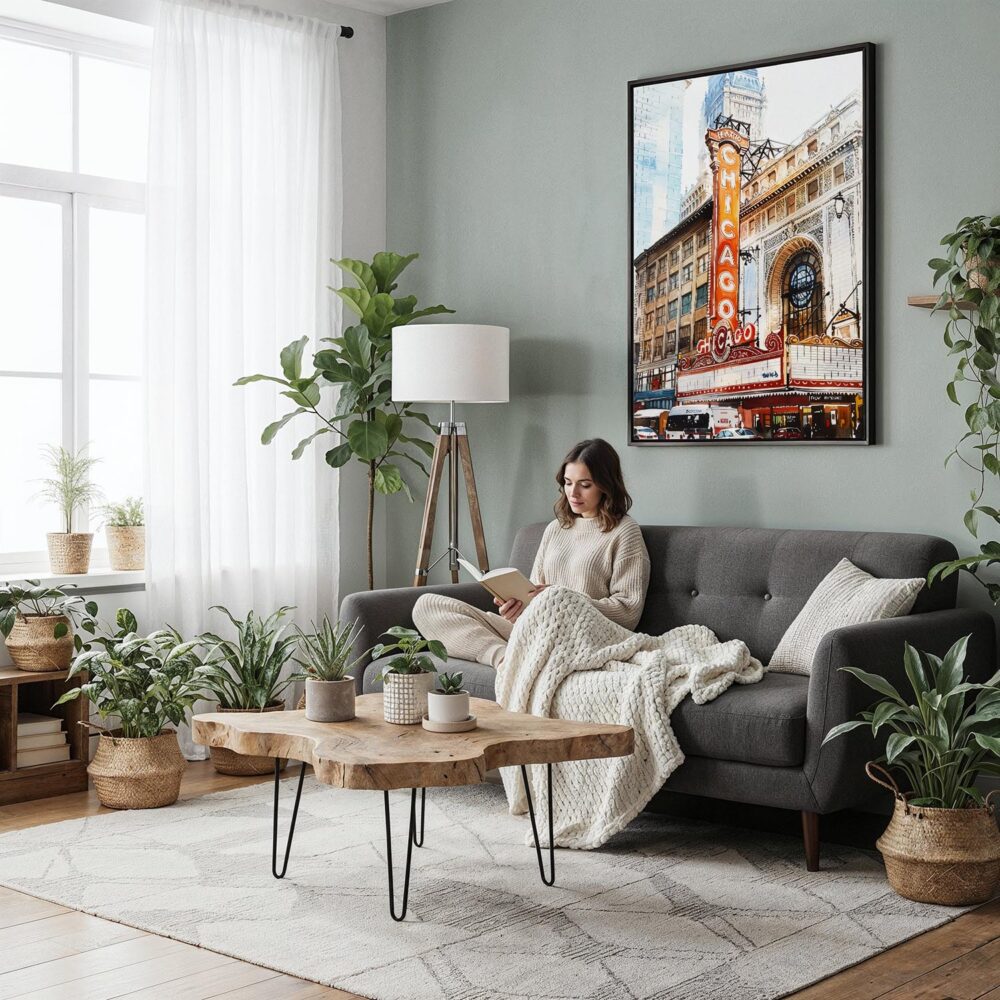 02 - Framed Chicago Theater Canvas Print - Woman reading in Boho Living Room - Vertical.jpg 02 - Framed Chicago Theater Canvas Print - Woman reading in Boho Living Room - Vertical.jpg