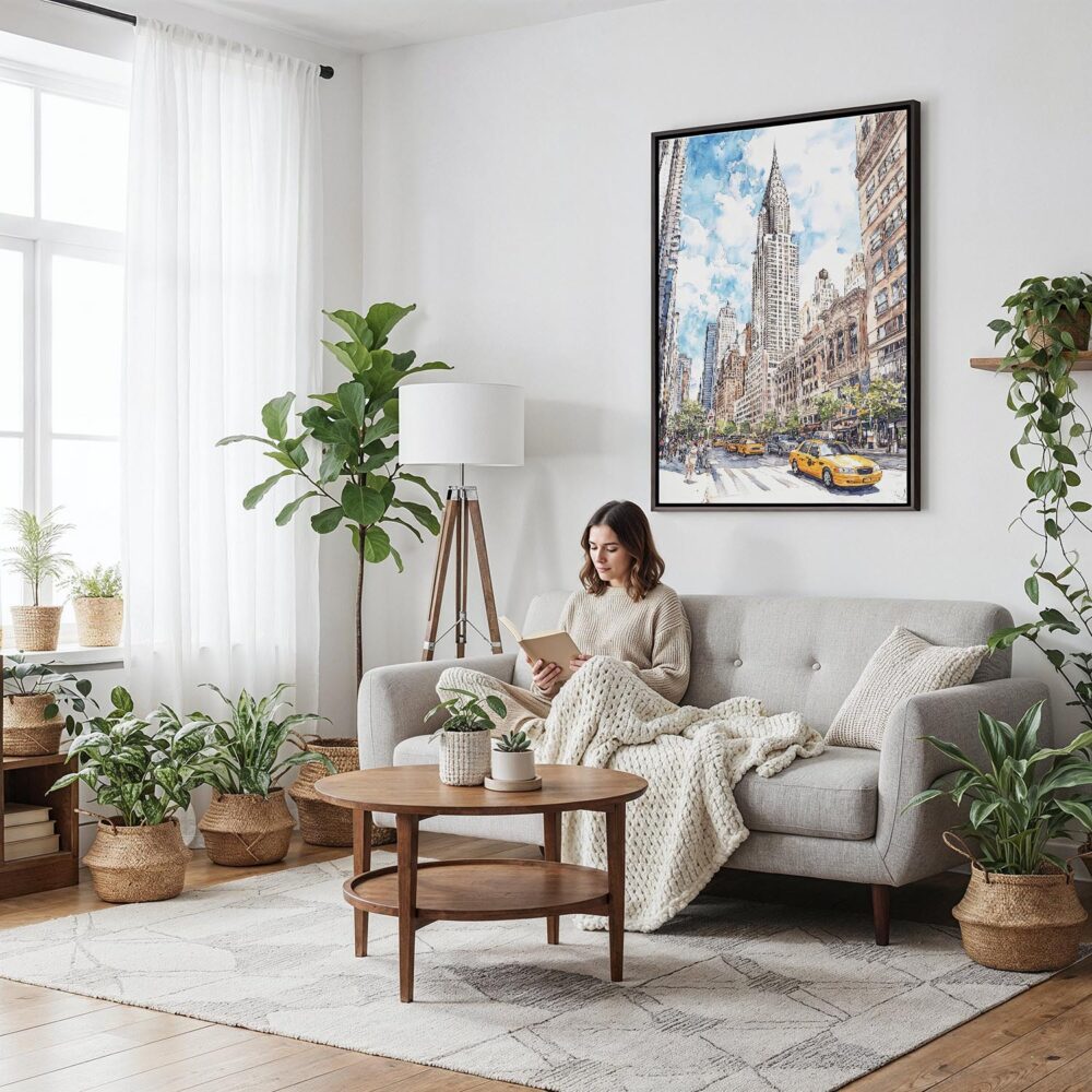02 - Framed Chrysler Building - Watercolor Canvas Print - Woman reading on couch - Vertical.jpg 02 - Framed Chrysler Building - Watercolor Canvas Print - Woman reading on couch - Vertical.jpg