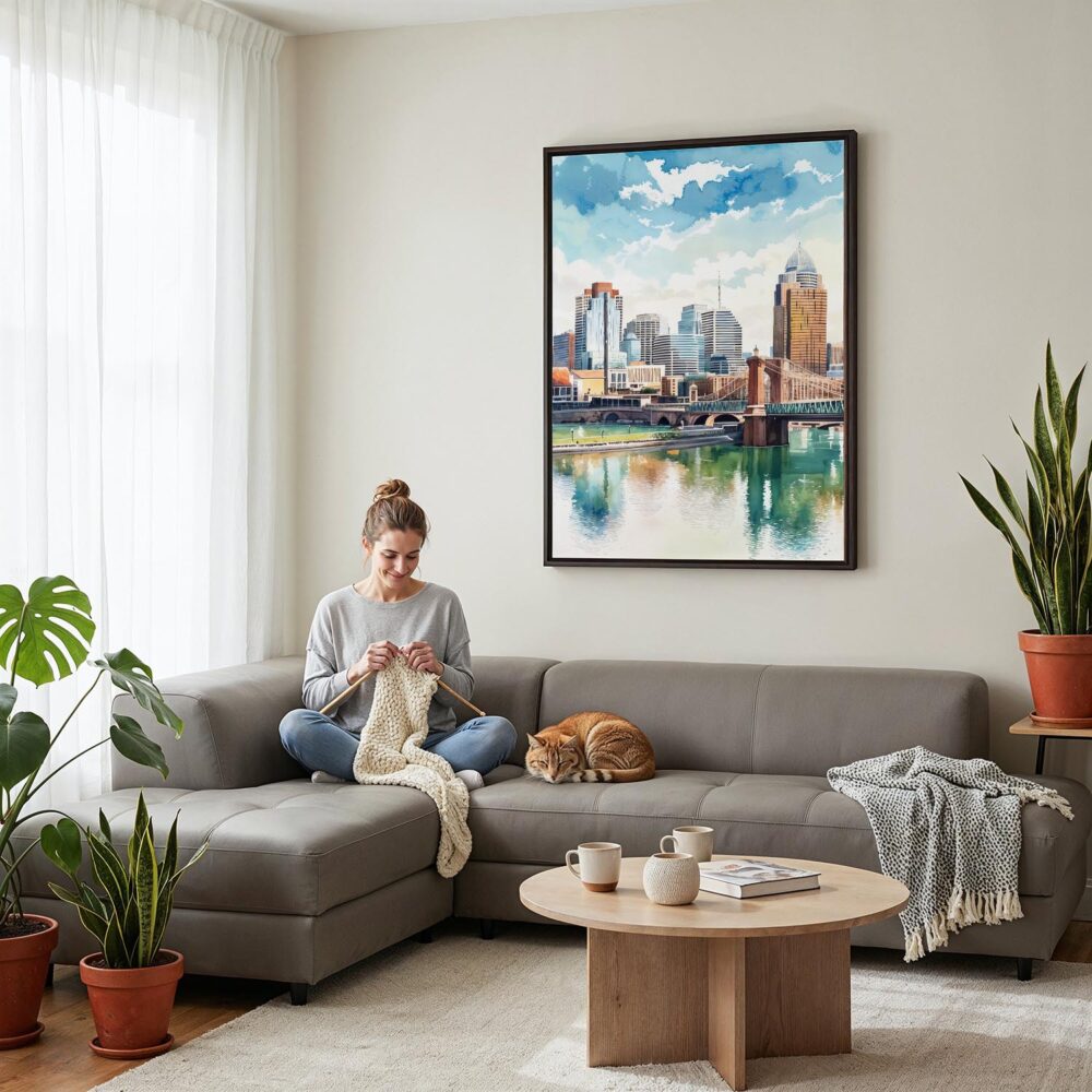 02 - Framed Cincinnati Ohio Watercolor Canvas Print - Woman Knitting on grey couch - Vertical.jpg 02 - Framed Cincinnati Ohio Watercolor Canvas Print - Woman Knitting on grey couch - Vertical.jpg