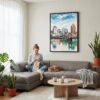 02 - Framed Cincinnati Ohio Watercolor Canvas Print - Woman Knitting on grey couch - Vertical.jpg