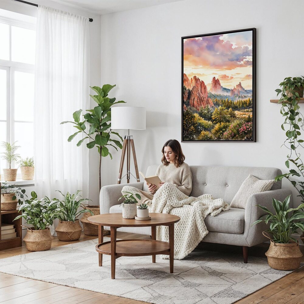 02 - Framed Colorado Springs Watercolor Canvas Print - Woman reading on couch - Vertical.jpg 02 - Framed Colorado Springs Watercolor Canvas Print - Woman reading on couch - Vertical.jpg