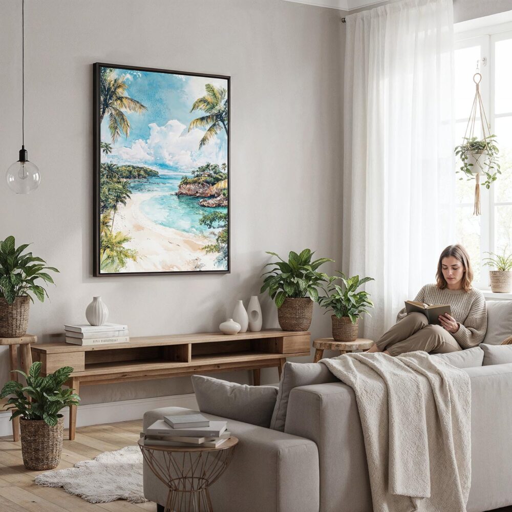 02 - Framed Costa Rica Playa Dominical Watercolor Canvas Print - Woman reading in modern Living Room - Vertical.jpg 02 - Framed Costa Rica Playa Dominical Watercolor Canvas Print - Woman reading in modern Living Room - Vertical.jpg