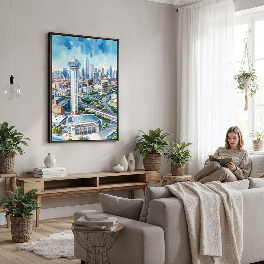02 - Framed Dallas Texas Skyline Watercolor Canvas Print - Woman reading in modern Living Room - Vertical.jpg 02 - Framed Dallas Texas Skyline Watercolor Canvas Print - Woman reading in modern Living Room - Vertical.jpg