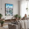 02 - Framed Dallas Texas Skyline Watercolor Canvas Print - Woman reading in modern Living Room - Vertical.jpg