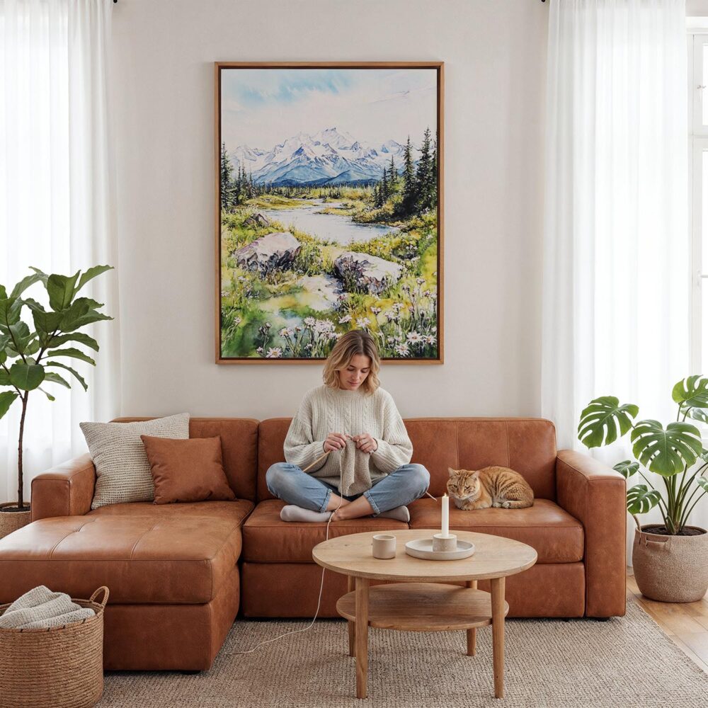 02 - Framed Denali National Park Watercolor Canvas Print - Woman Knitting - Vertical.jpg 02 - Framed Denali National Park Watercolor Canvas Print - Woman Knitting - Vertical.jpg