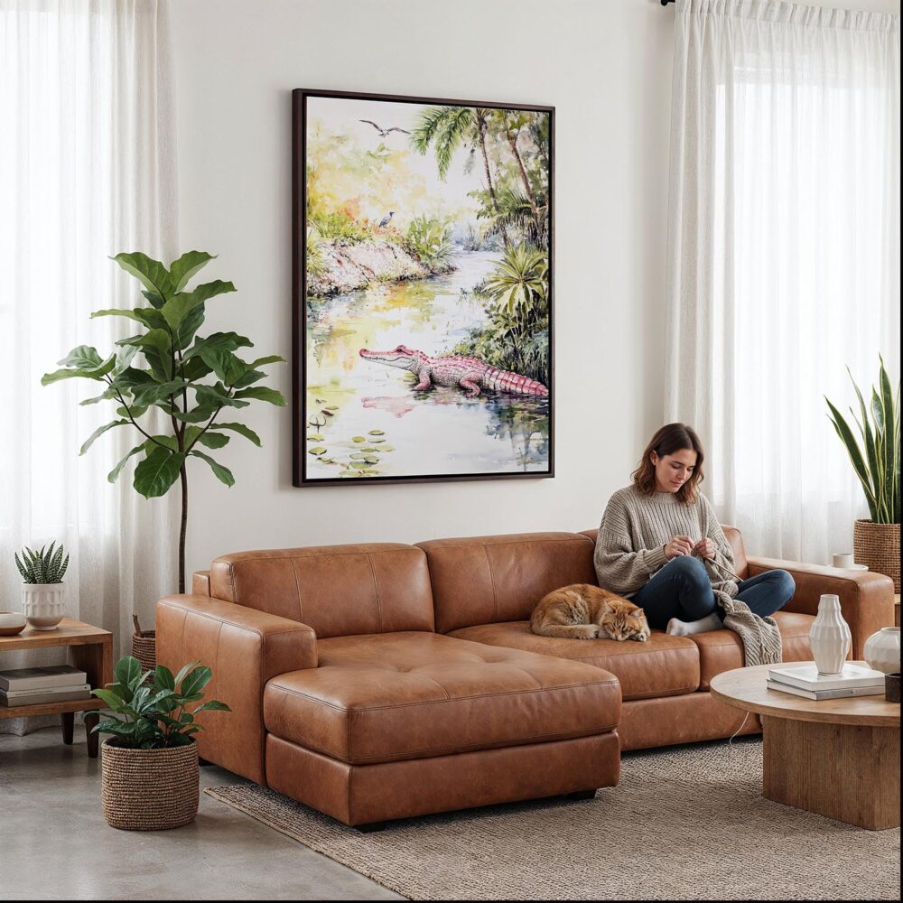 02 - Framed Floride Everglades Watercolor Canvas Print - Woman Knitting on leather couch - Vertical.jpg 02 - Framed Floride Everglades Watercolor Canvas Print - Woman Knitting on leather couch - Vertical.jpg