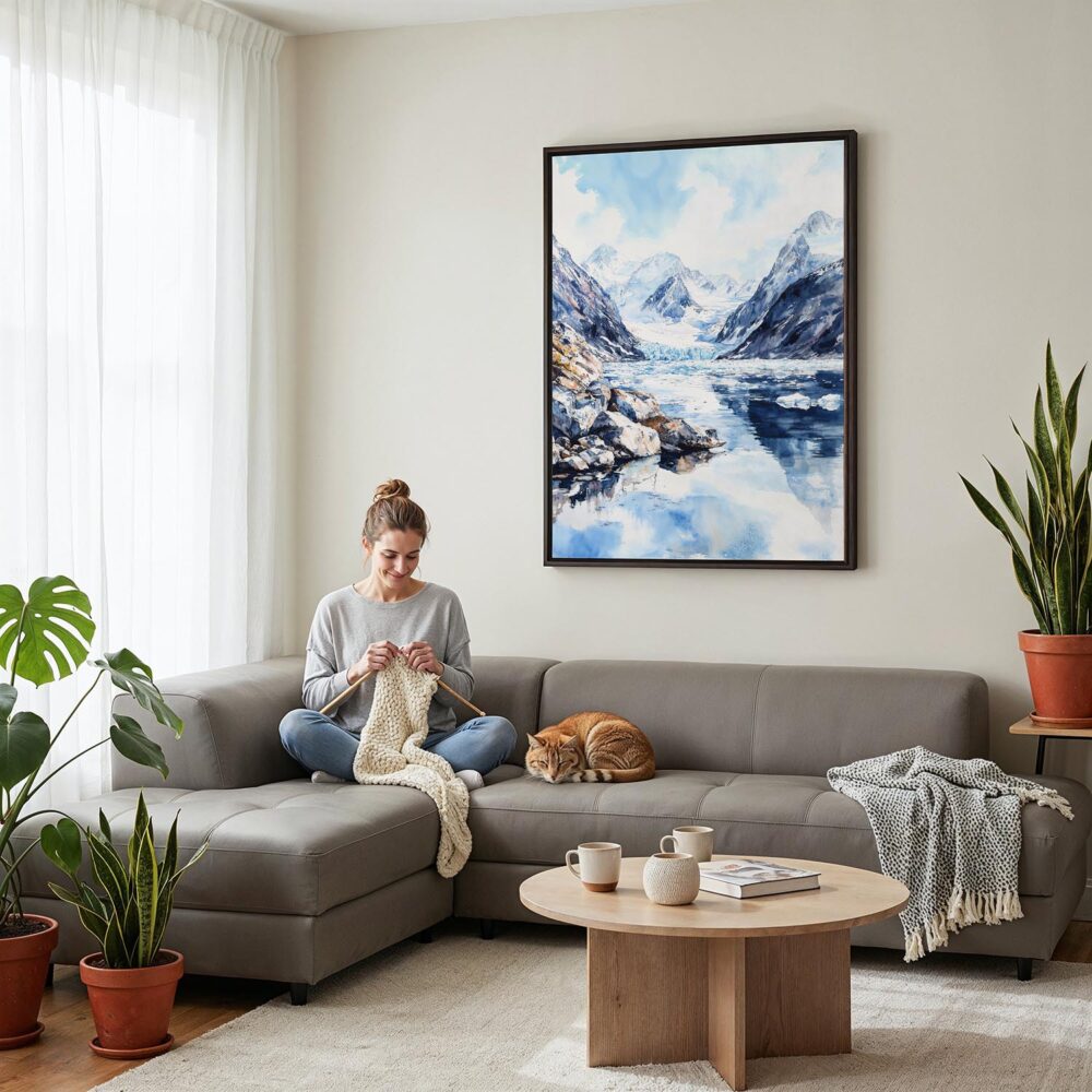 02 - Framed Glacier Bay National Park Watercolor Canvas Print - Woman Knitting on grey couch - Vertical.jpg 02 - Framed Glacier Bay National Park Watercolor Canvas Print - Woman Knitting on grey couch - Vertical.jpg