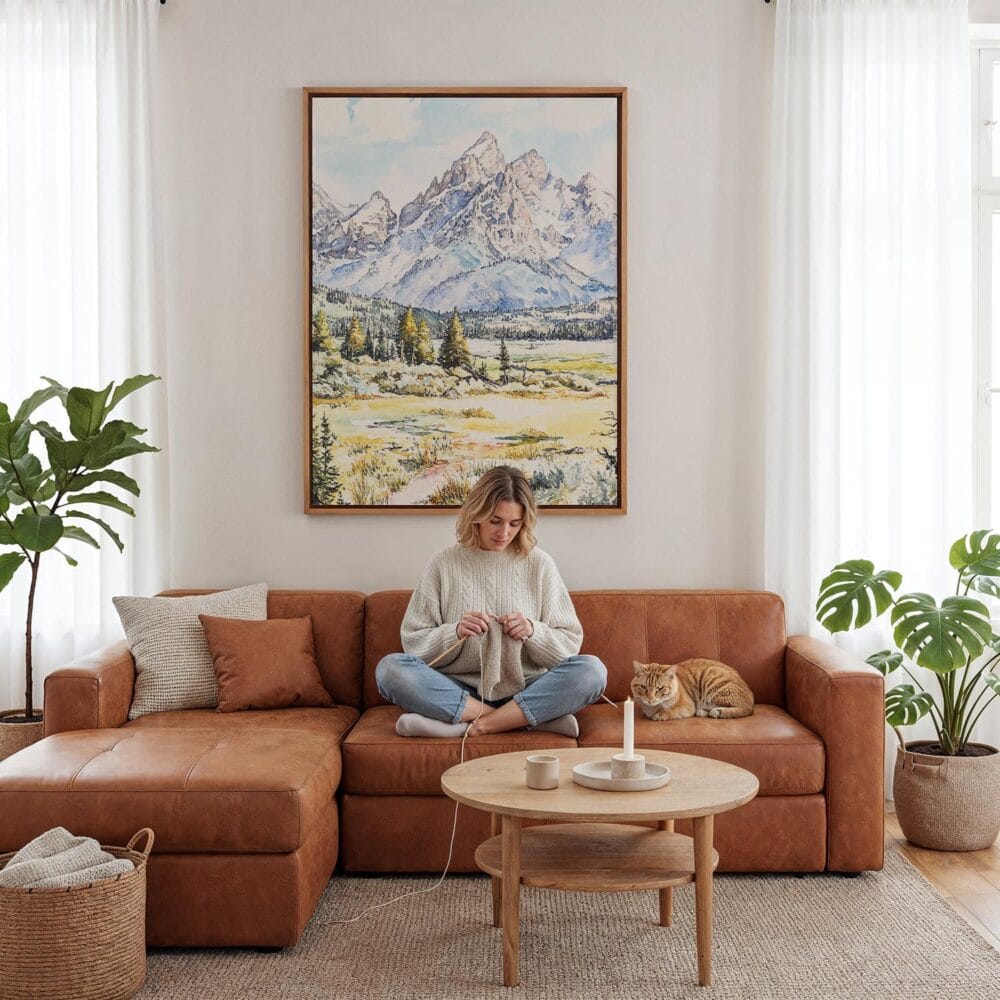 02 - Framed Grand Teton Watercolor Canvas Print - Woman Knitting - Vertical.jpg 02 - Framed Grand Teton Watercolor Canvas Print - Woman Knitting - Vertical.jpg