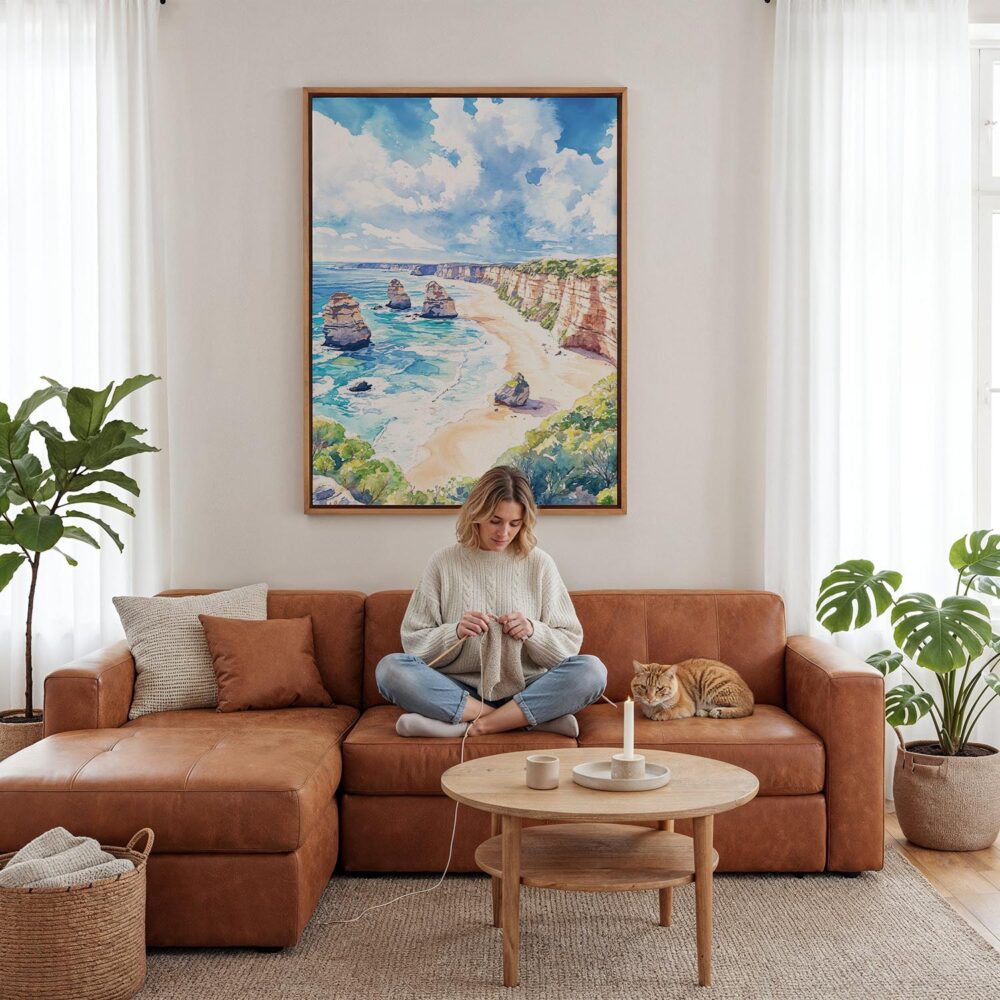 02 - Framed Great Ocean Road Australia Watercolor Canvas Print - Woman Knitting - Vertical.jpg 02 - Framed Great Ocean Road Australia Watercolor Canvas Print - Woman Knitting - Vertical.jpg