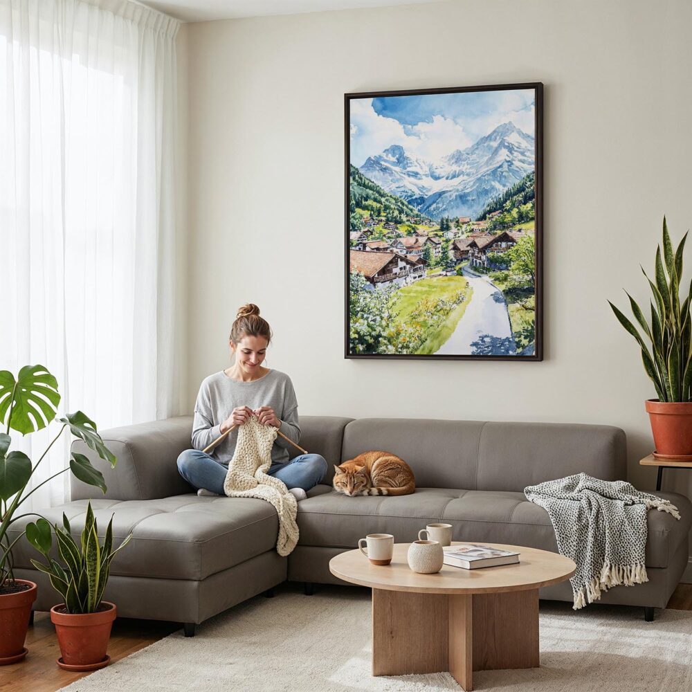 02 - Framed Grindelwald Switzerland Watercolor Canvas Print - Woman Knitting on grey couch - Vertical.jpg 02 - Framed Grindelwald Switzerland Watercolor Canvas Print - Woman Knitting on grey couch - Vertical.jpg