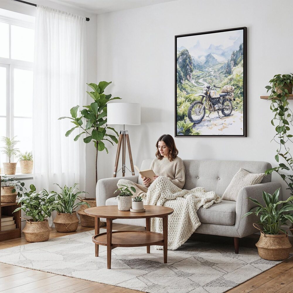 02 - Framed Ha Giang Loop Vietnam Watercolor Canvas Print - Woman reading on couch - Vertical.jpg 02 - Framed Ha Giang Loop Vietnam Watercolor Canvas Print - Woman reading on couch - Vertical.jpg
