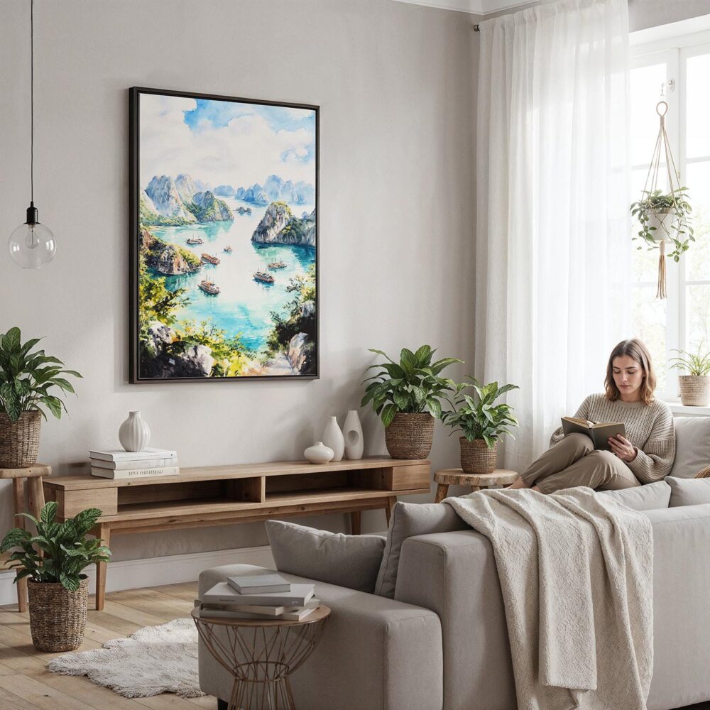 02 - Framed Ha Long Bay Vietnam Watercolor Canvas Print - Woman reading in modern Living Room - Vertical.jpg 02 - Framed Ha Long Bay Vietnam Watercolor Canvas Print - Woman reading in modern Living Room - Vertical.jpg
