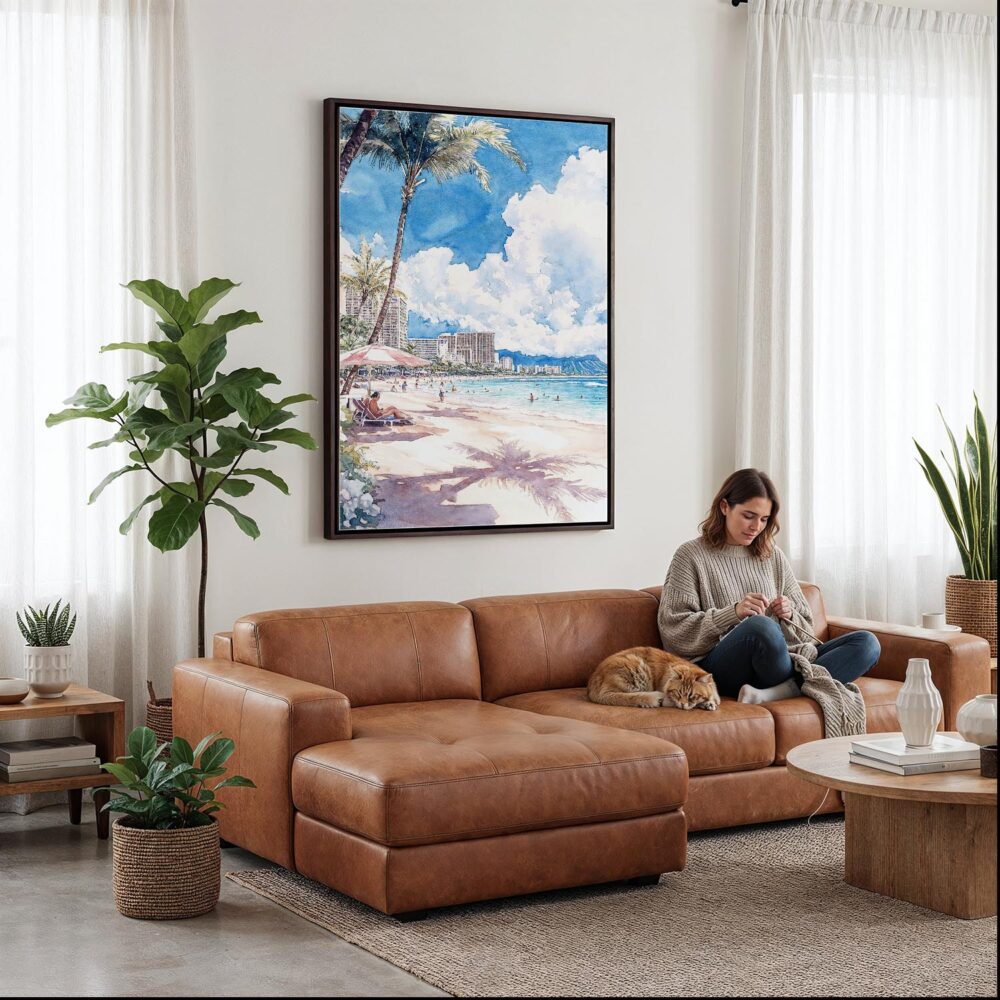 02 - Framed Hawaii Honolulu Waikiki - Watercolor Canvas Print - Woman Knitting on leather couch - Vertical.jpg 02 - Framed Hawaii Honolulu Waikiki - Watercolor Canvas Print - Woman Knitting on leather couch - Vertical.jpg