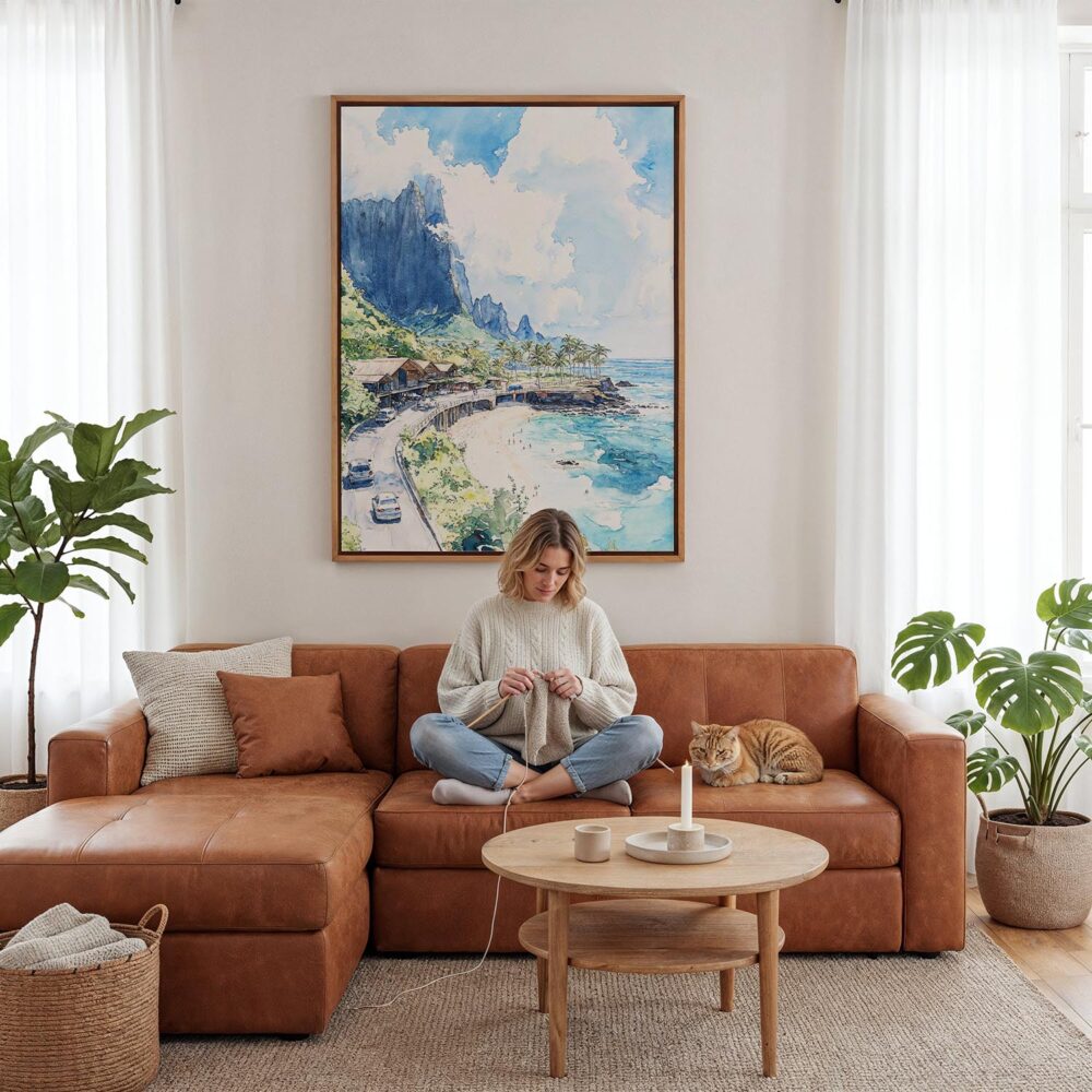 02 - Framed Hawaii - Napali - Watercolor Canvas Print - Woman Knitting - Vertical.jpg 02 - Framed Hawaii - Napali - Watercolor Canvas Print - Woman Knitting - Vertical.jpg