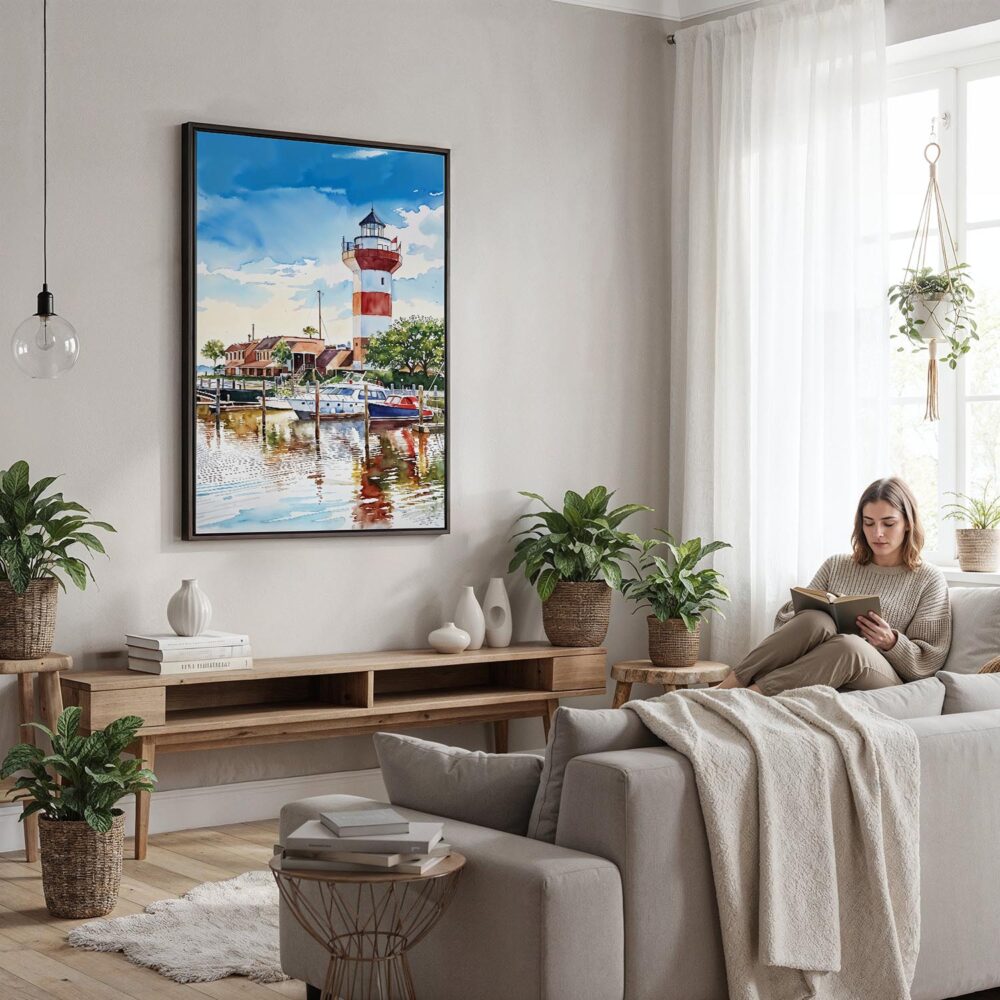 02 - Framed Hilton Head South Carolina Watercolor Canvas Print - Woman reading in modern Living Room - Vertical.jpg 02 - Framed Hilton Head South Carolina Watercolor Canvas Print - Woman reading in modern Living Room - Vertical.jpg