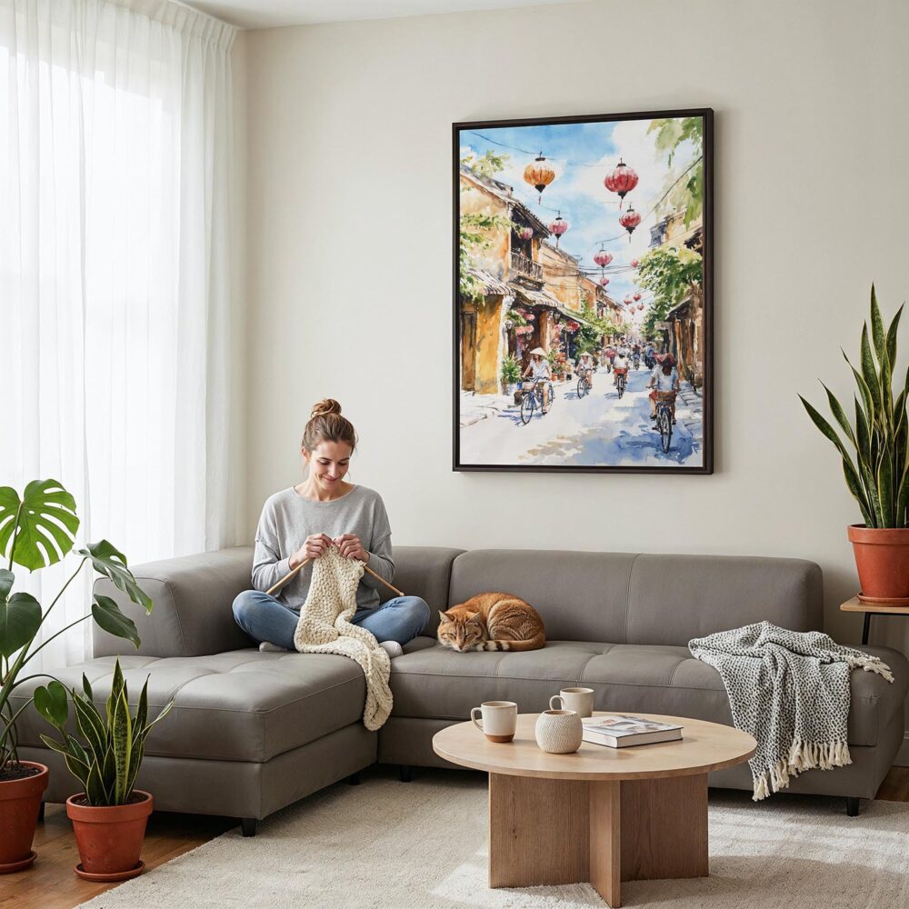 02 - Framed Hoi An Vietnam Watercolor Canvas Print - Woman Knitting on grey couch - Vertical.jpg 02 - Framed Hoi An Vietnam Watercolor Canvas Print - Woman Knitting on grey couch - Vertical.jpg