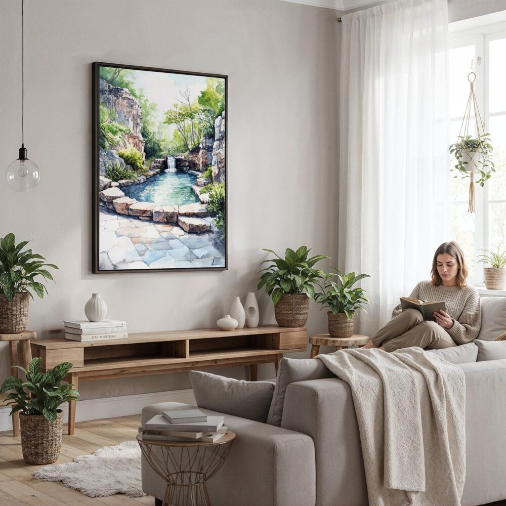 02 - Framed Hot Springs National Park watercolor Canvas Print - Woman reading in modern Living Room - Vertical.jpg 02 - Framed Hot Springs National Park watercolor Canvas Print - Woman reading in modern Living Room - Vertical.jpg