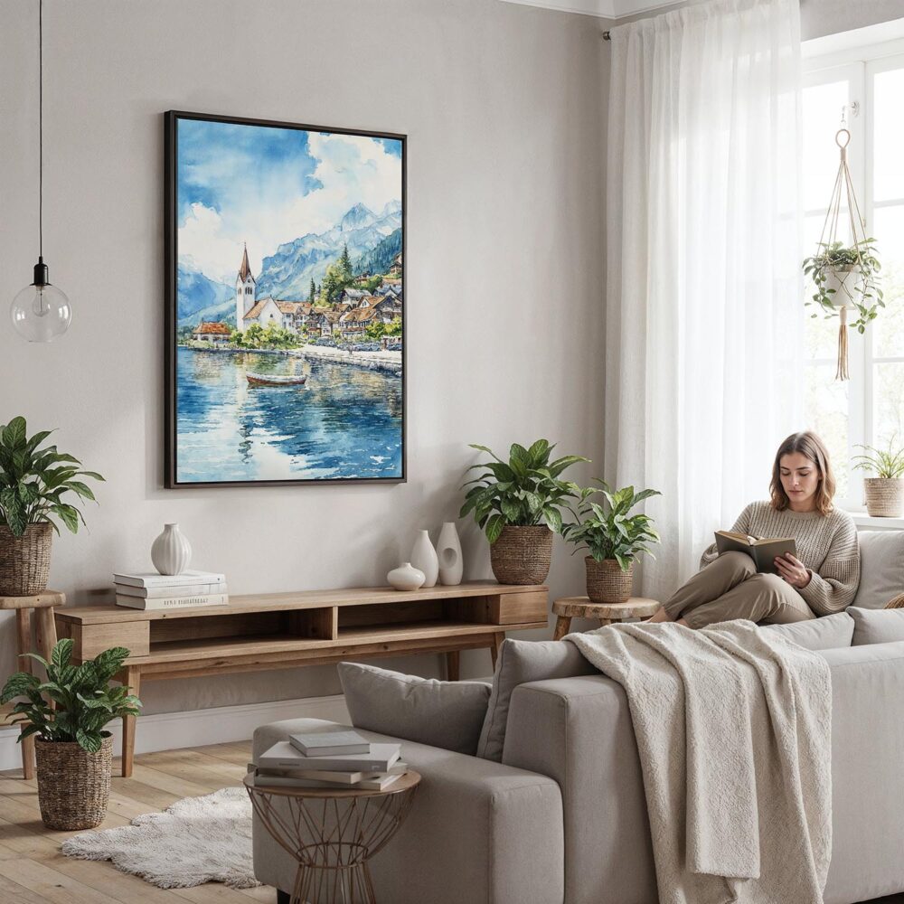 02 - Framed Interlaken Watercolor Canvas Print - Woman reading in modern Living Room - Vertical.jpg 02 - Framed Interlaken Watercolor Canvas Print - Woman reading in modern Living Room - Vertical.jpg