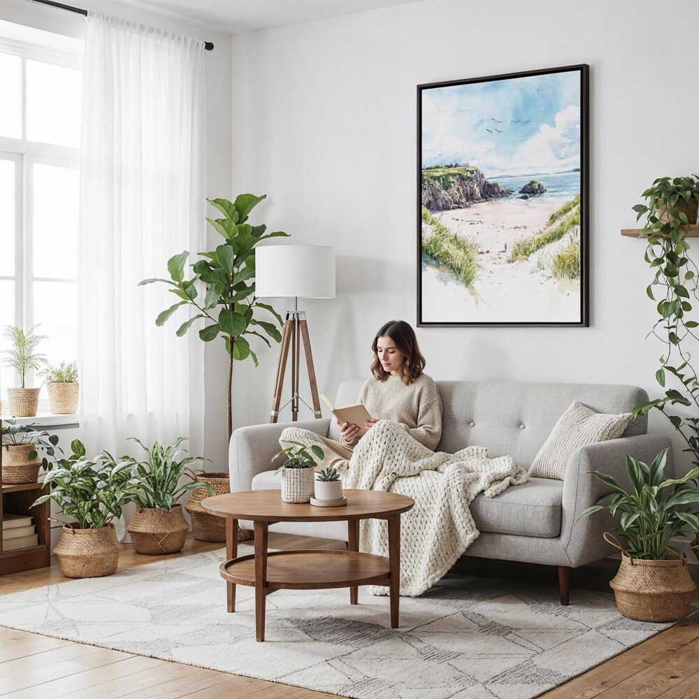 02 - Framed Ireland - Inishowen - Watercolor Canvas Print - Woman reading on couch - Vertical.jpg 02 - Framed Ireland - Inishowen - Watercolor Canvas Print - Woman reading on couch - Vertical.jpg