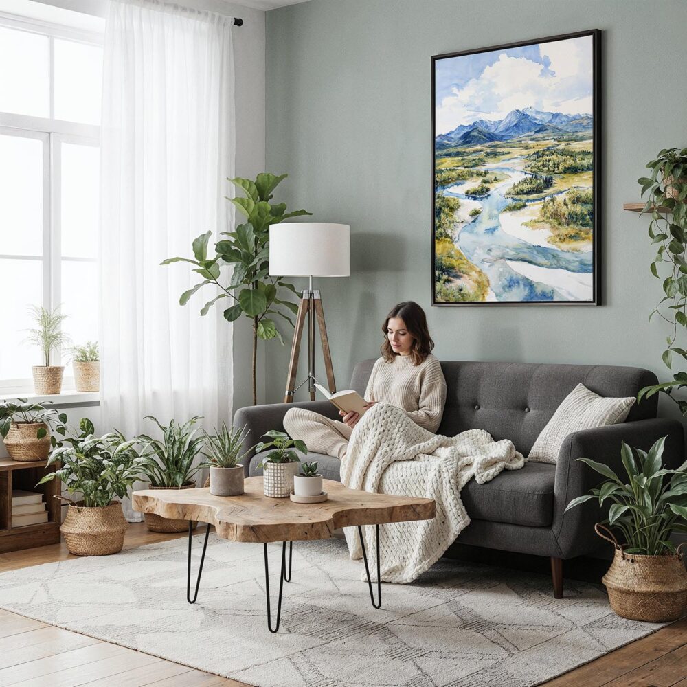 02 - Framed Kobuk Valley National Park Watercolor Canvas Print - Woman reading in Boho Living Room - Vertical.jpg 02 - Framed Kobuk Valley National Park Watercolor Canvas Print - Woman reading in Boho Living Room - Vertical.jpg