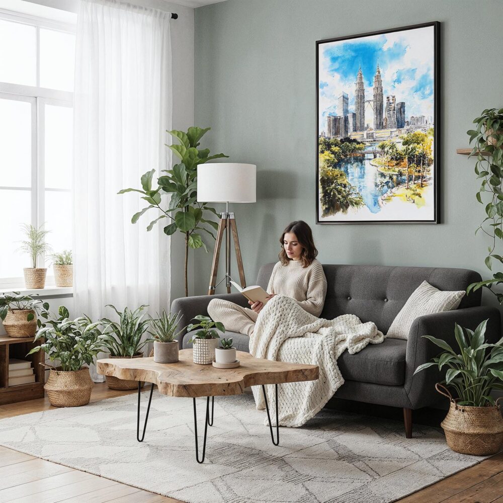 02 - Framed Kuala Lumpur Watercolor Canvas Print - Woman reading in Boho Living Room - Vertical.jpg 02 - Framed Kuala Lumpur Watercolor Canvas Print - Woman reading in Boho Living Room - Vertical.jpg