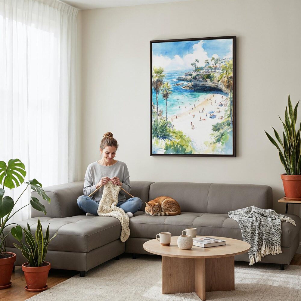 02 - Framed La Jolla Beach Watercolor Canvas Print - Woman Knitting on grey couch - Vertical.jpg 02 - Framed La Jolla Beach Watercolor Canvas Print - Woman Knitting on grey couch - Vertical.jpg