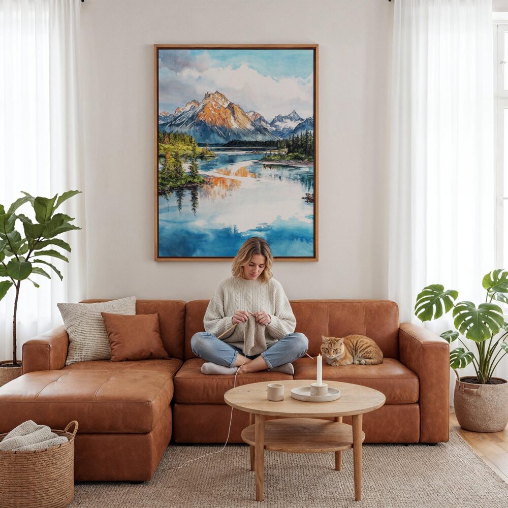 02 - Framed Lake Clark National Park Watercolor Canvas Print - Woman Knitting - Vertical.jpg 02 - Framed Lake Clark National Park Watercolor Canvas Print - Woman Knitting - Vertical.jpg